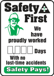 A photograph of a 06310 safety first. we have proudly worked __ days with no lost-time accidents write-a-day dry erase safety scoreboards.