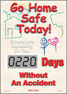 A photograph of a 06239 mini digi-day® safety scoreboard: go home safe today - others are depending on you - ____ days without an accident.