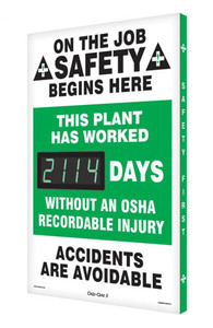 A photograph of a 06324 digi-day® 3 electronic scoreboard: this plant has worked ____ days without an osha recordable injury.