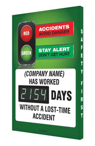 A drawing of a 06328 Digi-day® 3 electronic scoreboard with text of avoid danger - stay alert don't get hurt  (company name) has worked ____ days without a lost time accident.