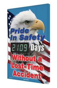A photograph of a 06336 digi-day® 3 electronic scoreboard: pride in safety - ____ days without a lost time accident w/eagle.