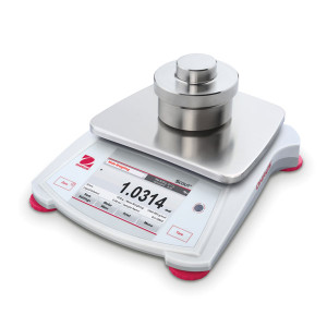 Photograph of Ohaus Scout® STX Touchscreen Balance, left facing, carrying weight.