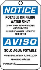 A photograph of a blue and white 11066 bilingual OSHA notice safety tag, reading potable drinking water only and solo aqua potable.