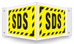 V-shaped yellow sign with black SDS and bashed black border printed on both faces.