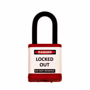 A photograph of a red 07025 Zing 700 solid aluminum, plastic-encased safety padlock, with 1.5" shackle. 
