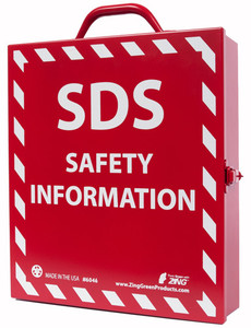 Photograph of the Zing SDS safety information recycled stainless steel document case.