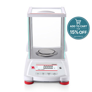 Photograph of Ohaus Pioneer® Analytical Balance, front facing with a 15% discount when placed in cart badge.