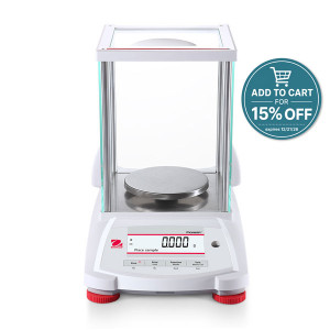 Photograph of Ohaus Pioneer® Precision Balance with draft shield, front facing with a 15% discount when placed in cart badge.