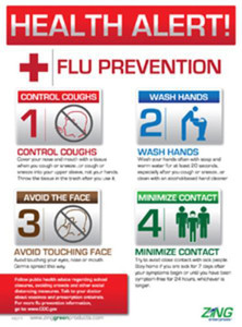 A photograph of a red and white 11012 Zing eco health alert flu prevention safety poster with instructions and graphics.