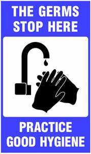 A photograph of a blue and white 08100 the germs stop here, practice good hygiene entrance floor mat, with handwashing icon.