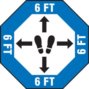 A photograph of a blue and white 11233 social distance floor sign, reading 6 ft, in an octagon, wit footprints icon and directional arrows.
