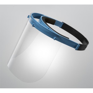 A side photograph of a 11170 GK reusable protective face shield, with replaceable 3M antistatic lens.