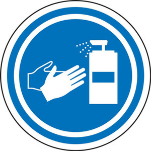 A photograph of a blue and white 11251 pavement print sign, with sanitize hands symbol.