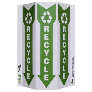 3-faced white sign features a green down arrow containing a recycle icon as well as the text "AED" on each face.