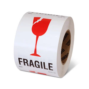 Photograph of a roll of Speciality Handling Labels, "Fragile" with Graphic.