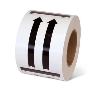 A photograph of a roll of This Way Up Black Arrow Shipping Labels.