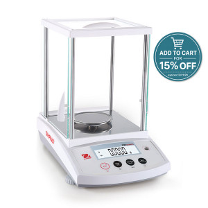 Photograph of Ohaus PR Series Analytical Balance right facing with a 15% discount when placed in cart badge.