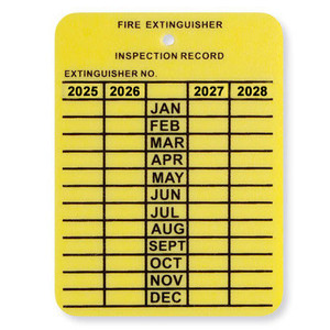 Plastic fire extinguisher tag with "Fire Extinguisher Inspection Record" and "Extinguisher No _____" header plus room for four years of monthly inspections 2025 through 2028.