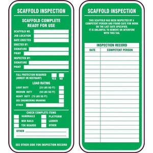 Photograph of both sides of Scaffold Status Safety Tags for Scaffold Inspection Tag Holders, Green, "Ready for Use"