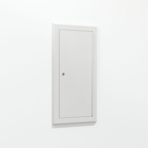 Photograph of a recess mounted, ligature-resistant  fire extinguisher cabinet (CRLRST) containing an oval fire extinguisher (not included), viewed from an angle.