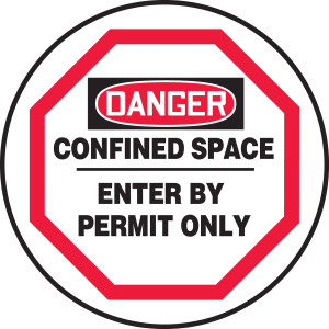A drawing of a white,red, and black 08512 Danger Confined Space, Enter By Permit Only, Manhole Sign.