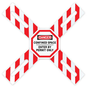A drawing of a white,red, and black 08514 Danger Confined Space, Enter By Permit Only, Man-Way Cross™ Barrier.