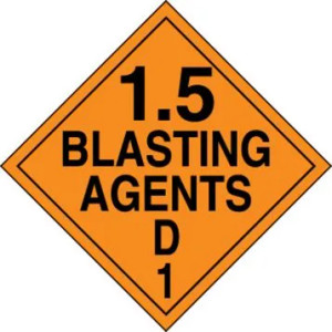 An orange and black photograph of a 03089 DOT explosives placard, reading 1.5 Blasting Agents D 1. 