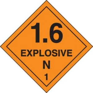 An orange and black photograph of a 03067 dot explosives shipping label, reading 1.6 Explosive N 1.
