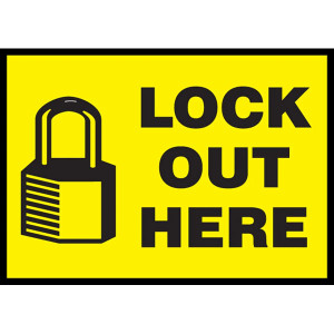 An image of a 07027 Lockout/Tagout Label.  This bright yellow label has the words"LOCK OUT HERE" in bold black lettering next to an image of a padlock.