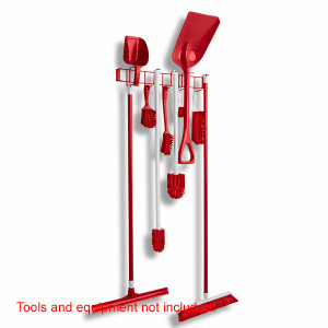 A photograph of a red 06080 PVC 26" 12-hook rack with red tools. Tools are not included with product.
