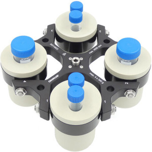 Photograph of cell culture package for Ohaus 4 x 145 mL Swing Rotor.  The swing rotor is shown with two  1 x 50 mL conical tube racks and two 2 x 15 mL conical tube racks.  Tubes and caps sold separately.