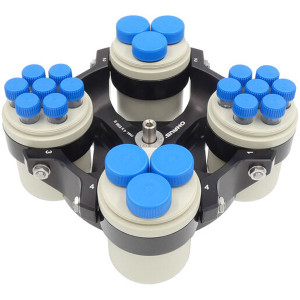 A photograph of cell culture package for Ohaus 4 x 290 mL Swing Rotor.  The swing rotor is shown with two  3 x 50 mL conical tube racks and two 7 x 15 mL conical tube racks.  The tubes and caps that are shown are sold separately. 