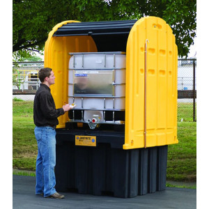 A photograph of an IBC Outdoor Shed with rolltop door open, IBC not included.