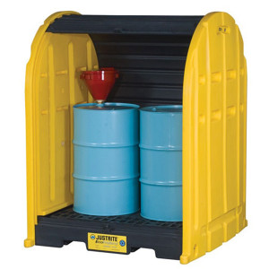 Photograph of a 2-Drum DrumShed, doors open, containing 2 drums (not included).  A funnel (not included) in one drum demonstrates the ample headroom in the shed.