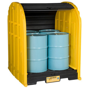 Photograph of a 4-Drum DrumShed, doors open, containing 4 drums (not included). 