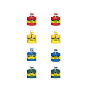 An image of the the eight (8) available  5 gallon 02108 Justrite Type II AccuFlow™ Steel Safety Cans:  4 different colors and 5/8" hose on left, 1" hose on the right.