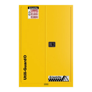 A photograph of a Justrite Utili-Guard 45 gallon Flammable Liquid Safety, front view, both doors closed.