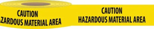 Photograph of roll of Tough-Mark™ Cold High Performance Marking Tapes in black and yellow, reading "Caution Hazardous Material Area".