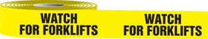 Photograph of roll of Tough-Mark™ Cold High Performance Marking Tapes in black and yellow, reading "Watch For Forklifts".