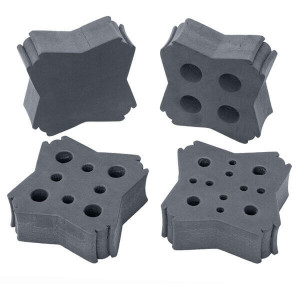 A photograph of all 4 Foam Inserts available  -  (1) 9-16 mm test tube insert, (1) 14-29 mm test tube insert, (1) 29-37 mm test tube insert, (1) blank insert. 