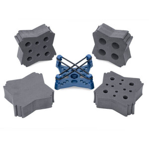 A photograph of the all accessories included in the Large Sample Set for Ohaus Genie™ Mixers:  one recessed platform head, four foam inserts, two rubber bands.