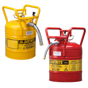 A photo with one yellow can with 1" spout  and one red can with 5/8" spout.
