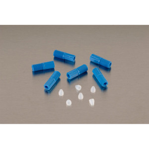A photograph of (6) blue Fittings  and Ferrules for 1/16" OD tubing.