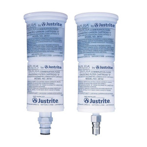 A photograph of two a Coalescing/Carbon Filters - one with a stainless steel disconnect and one with a polypropylene disconnect.
