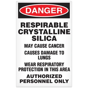 Drawing of a Danger Respirable Crystalline Silica OSHA sign.  The header has the word danger in white lettering within a red oval on a black background.  The remainder of the sign has black lettering on a white background and reads:  "Respirable Crystalline Silica, May cause cancer. Causes damage to lungs, Wear respiratory protection in this area, Authorized Personnel Only.