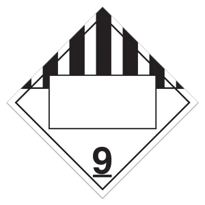 A black and white photograph of a 03155 (4) digit blank class 9 US DOT placard, with miscellaneous graphic.