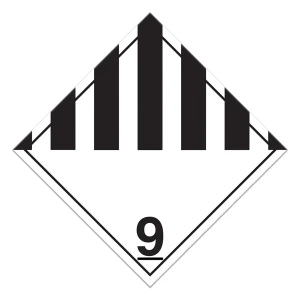 A photograph of a 01322 class 9 International/Canadian dot hazardous material placards, for miscellaneous hazardous material with black and white stripes.