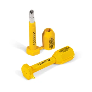 Photograph of open and closed yellow security bolt seal.