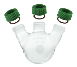 A photograph of a mw-59 round bottom flask, three-neck, minum-ware®.