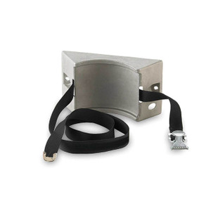 Photograph of a Model 715 wall-mounted gas cylinder clamp with a plain black strap.